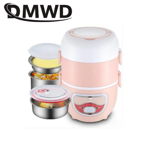 pink three layers DMWD, Мини электрическая рисоварка из нержавеющей стали, 2/3 слоев, пароварка для еды, нагреватель, термоподогрев, Ланч-бокс, контейнер для еды, грелка, ЕС - Цвет: pink three layers