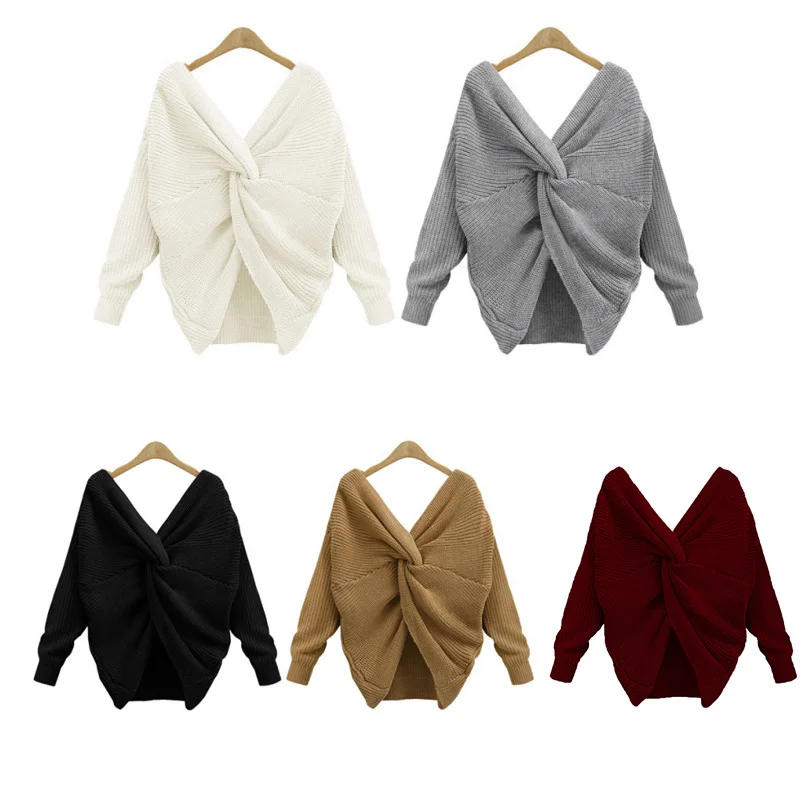 Knotted Back V Neck Twisted Sweater Women Jumpers Winter Pullovers Casual Tops Long Full Sleeve Knitted Sweaters | Женская одежда