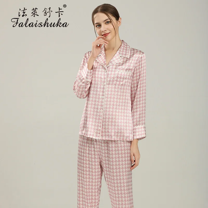 Lady 100% Silk Pajamas Sets Sleepwear 2021 Summer Spring Full length Sleeve Home Wears Two Piece Pajamas Set