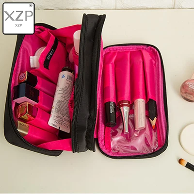 Black and Pink XZP двойной слой косметики Сумка Водонепроницаемые кисти губная помада туалетный органайзер для путешествий Чехлы для макияжа косметичка Аксессуары для красоты - Color: Black and Pink