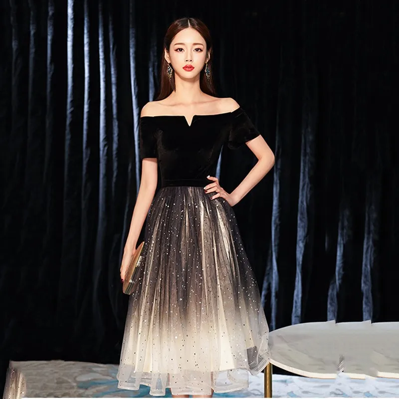 

Lady Black-White Gradients Qipao Starry Sky Sequins Pleated Dress Slash Neck Bandage Cheongsam Velour-Mesh Patchwork Vestidos