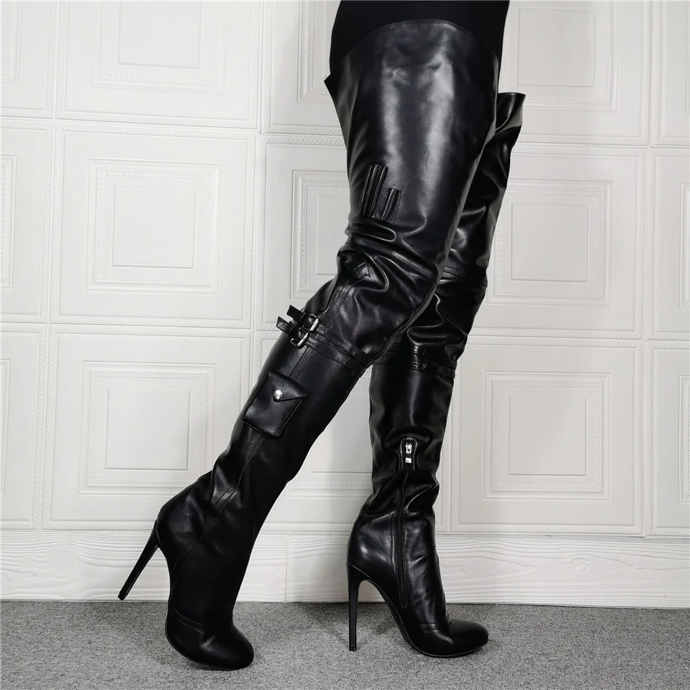 China Factory Handmade Black Big Shaft Boots High Heel Custom Boots Big Size 47 Women Over Knee Boots