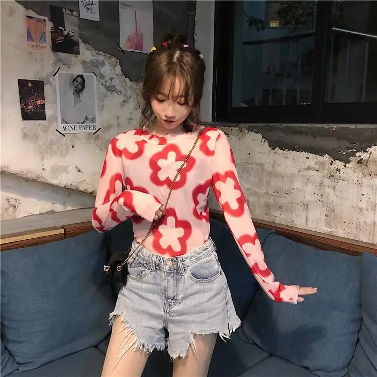 long sleeve T-shirt Летняя каваи Сетчатая футболка с длинными рукавами, с цветочным принтом, сексуальная прозрачная пляжная женская футболка, XXL - Цвет: long sleeve T-shirt