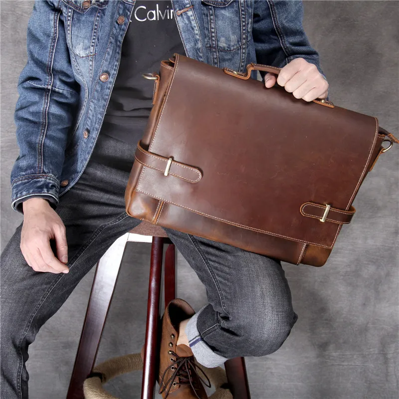 Simple retro men's genuine leather briefcase first layer cowhide brown handbag shoulder messenger bag business computer bag