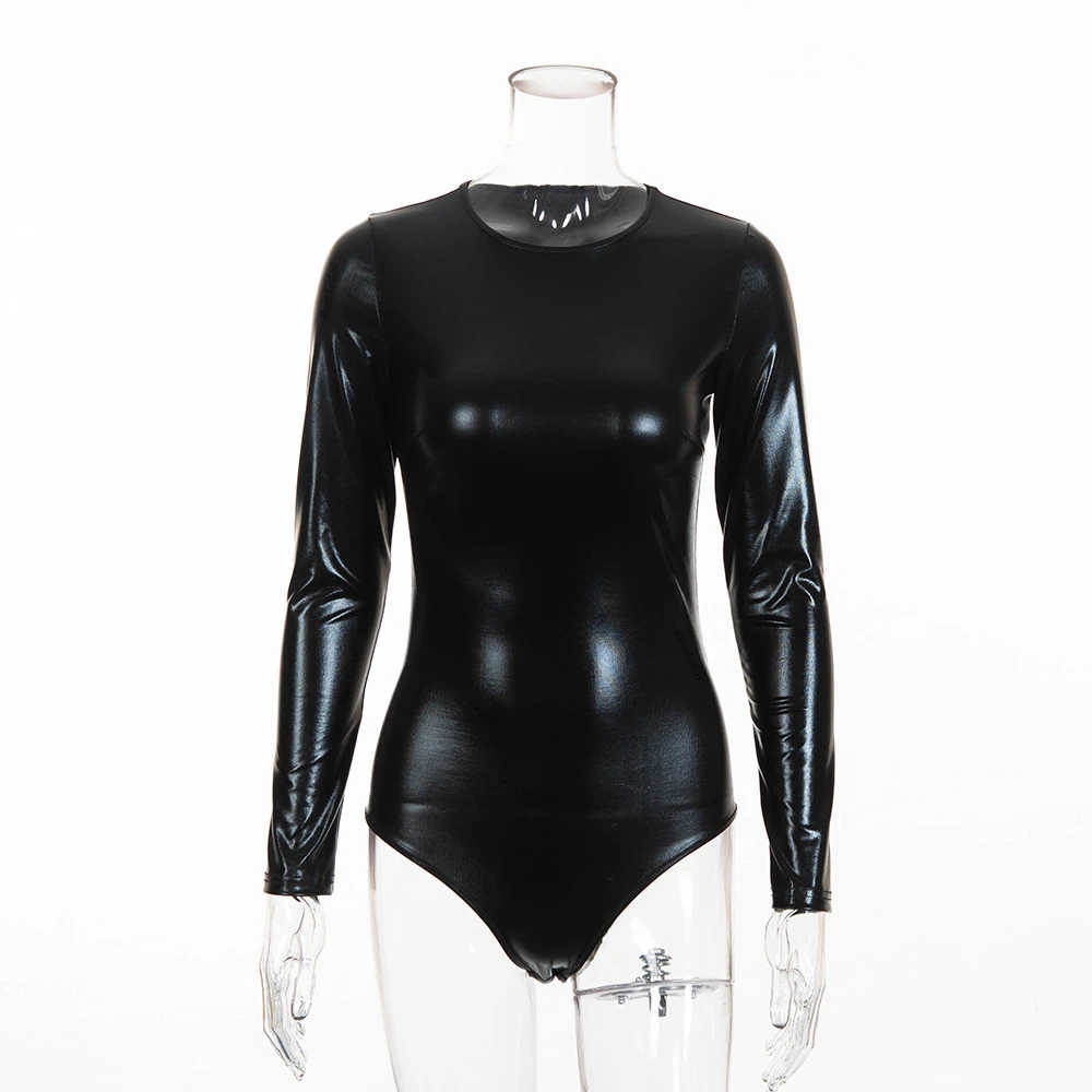 Боди женское демисезонное из ПУ кожи с длинным рукавом и круглым вырезом |