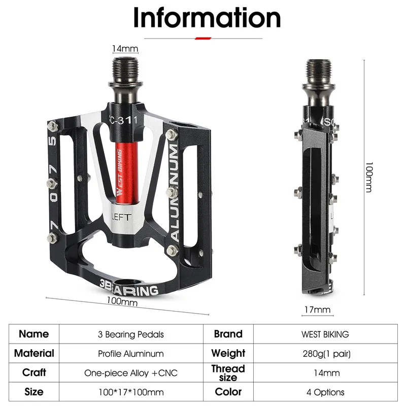 

WEST BIKING Bike Pedals 3 Bearings MTB Road Bicycle Pedal Wide Platform CNC Alloy Ultralight Anti-slip Pedal Cycling Accessories