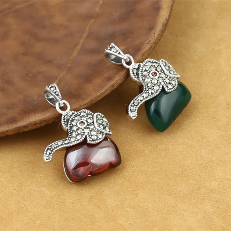 

925 Sterling Silver Jewelry Retro Thai Silver Male Men And Women Elephant Marcasite Inlaid Green Agate Red Garnet Pendant