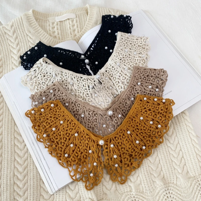 

Women Hollow Out Knit Fake Collar Shawl Pearl Beading Double Button Scarf Necklace Floral Lace Half Shirt Mini Poncho
