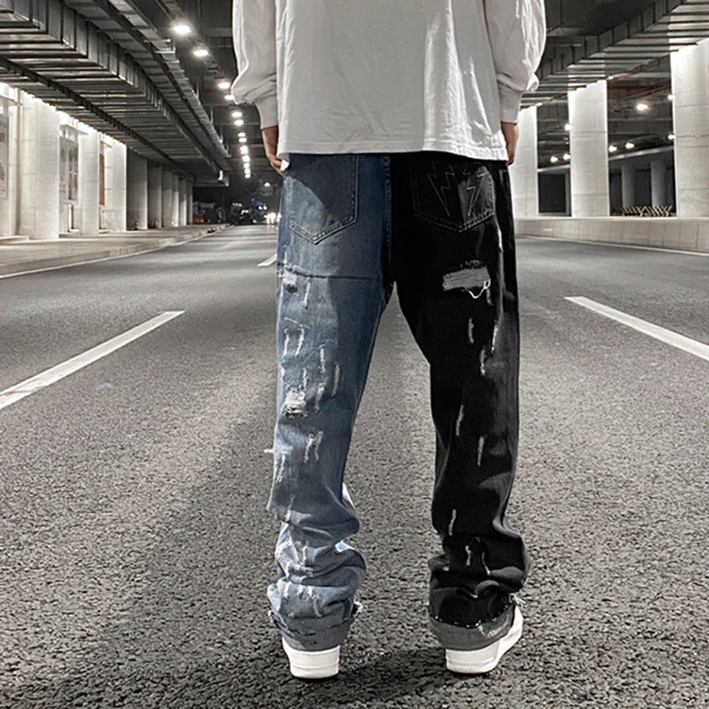 

Color Block Hole Washed High Street Jeans for Men Straight Retro Frayed Casual Denim Pants Harajuku Baggy Oversize Trousers