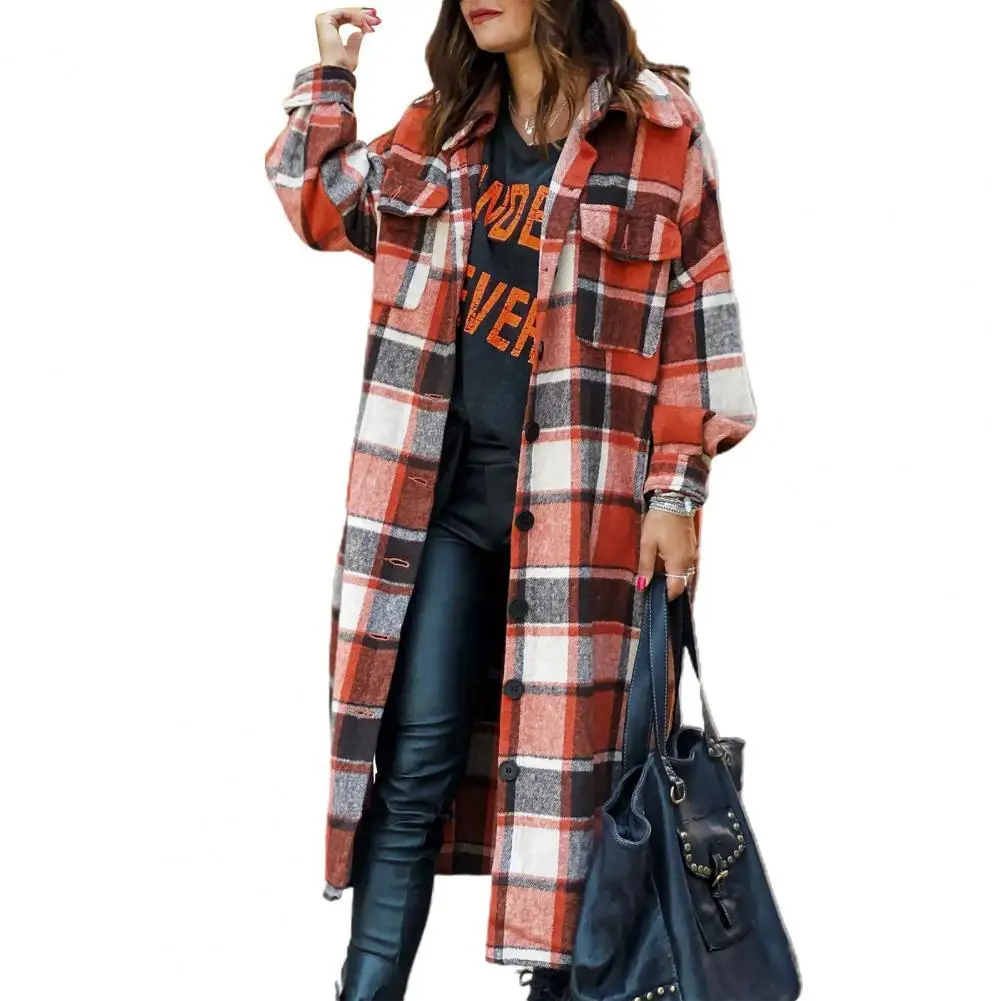 

Women Autumn Turn Down Collar Long Sleeve Plaid Maxi Shirt Coat Jacket Overcoat