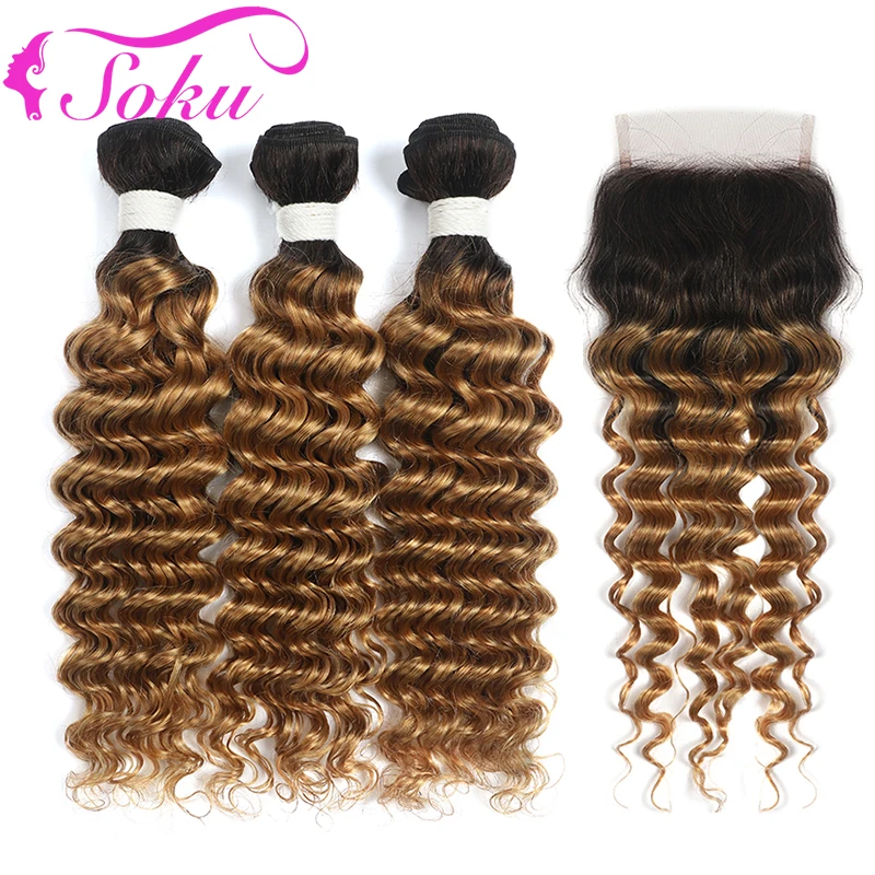 T1B/27 Ombre Blonde Bundles With Closure 4x4 SOKU Brazilian Deep Wave Human Hair Weave Lace Non-Remy | Шиньоны и парики