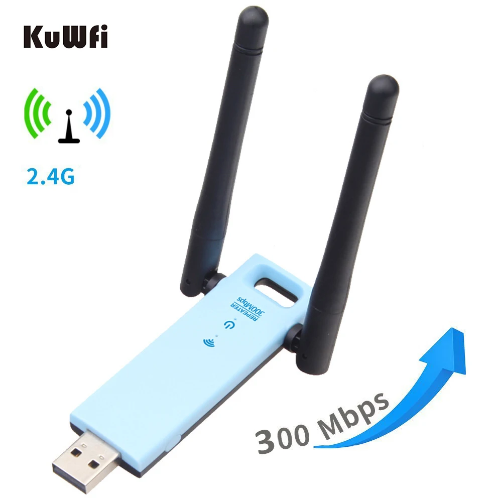 

KuWFi 300Mbps WiFi Repeater 2.4Ghz Wifi Receiver USB WiFi Signal Booster PC Wifi Network Card Powered By USB Port