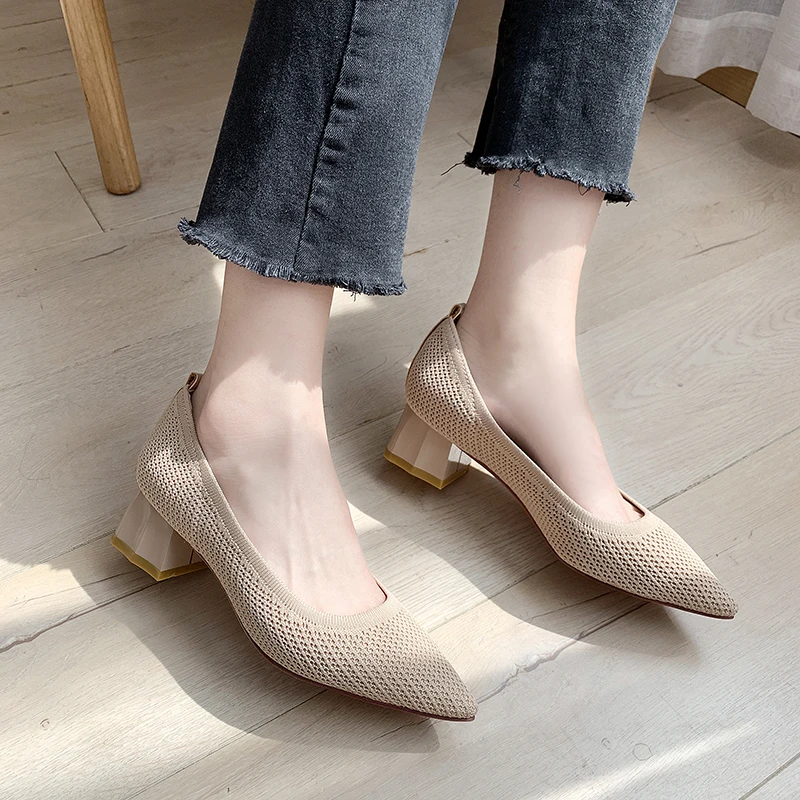 

2020 Women Pumps Spring Summer Stretchy Fabric Med Chunky Heels Shoes Slip On Sexy Pointed Toe Work Office Casual Daily Shoe