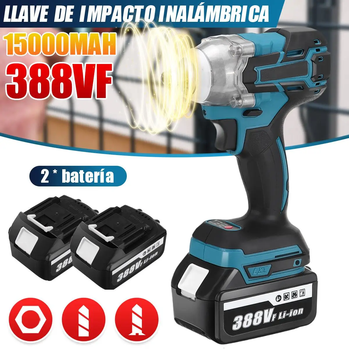 

388vf 520N.M Brushless Cordless Electric Impact Wrench 1/2 inch Power Tools 15000mAh Li Battery Compatible Makita 18V Battery