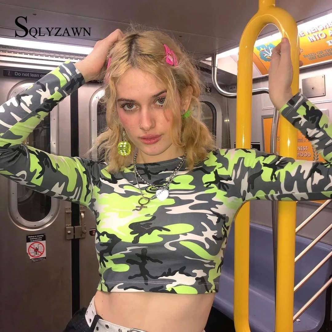 

Крутая неоновая камуфляжная футболка с круглым вырезом и длинными рукавами, тонкие женские летние топы 2020, новые осенние уличные базовые То...