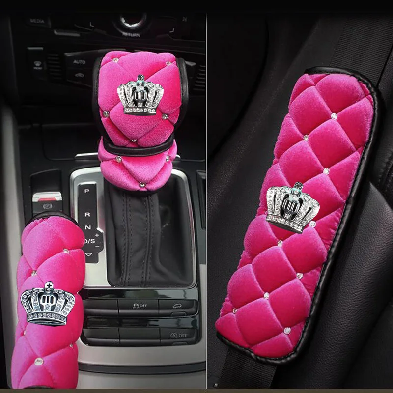 Блестящая алмазная зимняя меховая обложка ручки стояночного тормоза, ручки переключения передач, накладки на плечо ремня безопасности, автомобильные аксессуары для женщин.