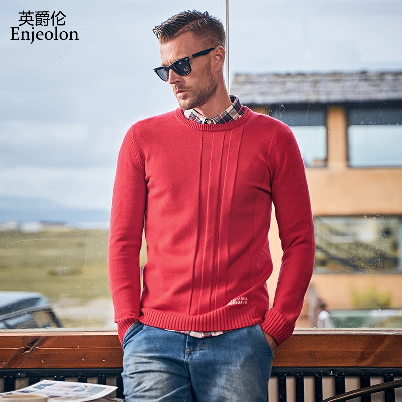 Мужской вязаный свитер Enjeolon повседневный однотонный пуловер с круглым вырезом