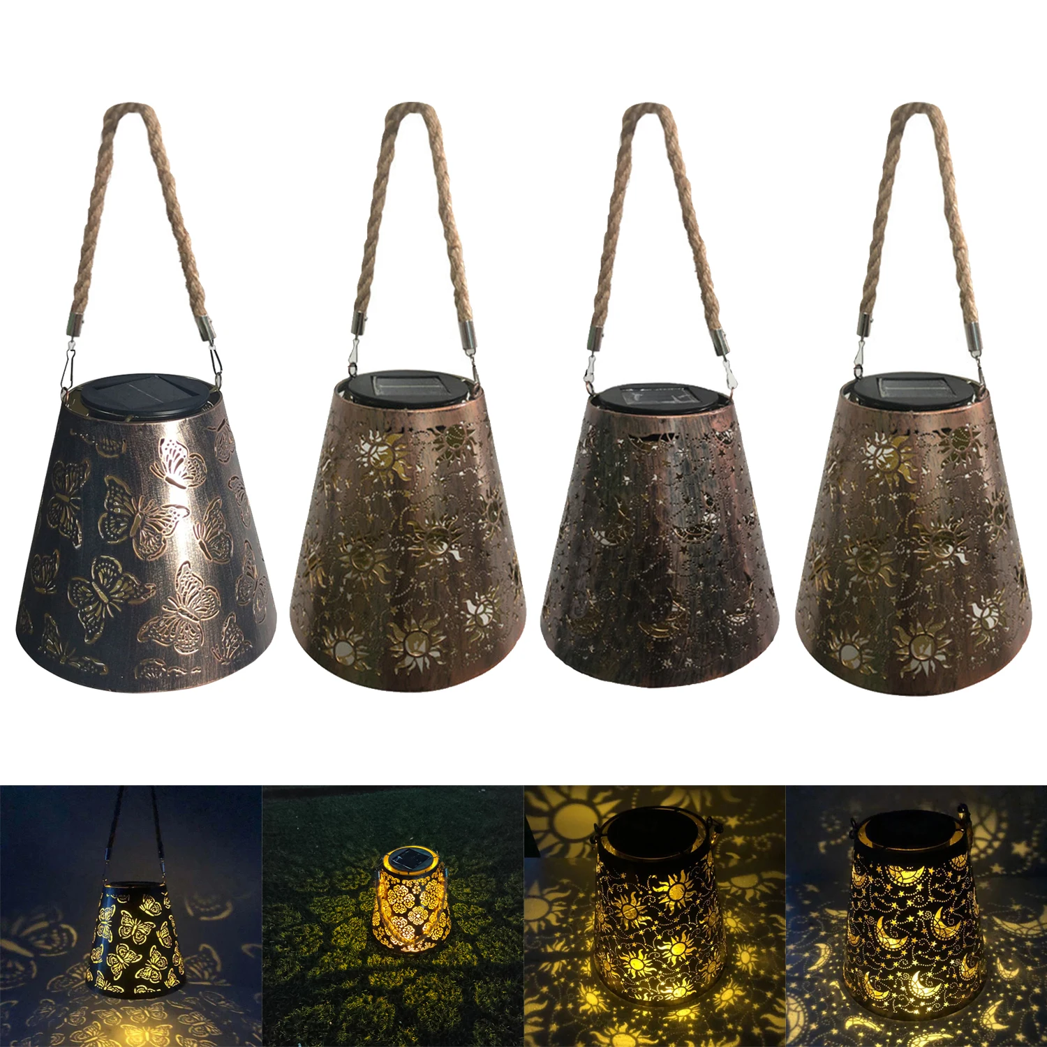 

Светодиодная ретро-лампа на солнечной батарее, металлический ажурный проекционный подвесной светильник, уличное освещение, водонепроница...