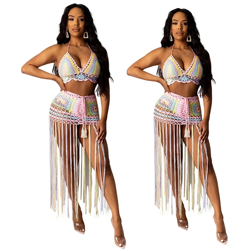 

Женский комплект из 2 предметов, вязаный крючком костюм с юбкой и бахромой, Пляжное Платье, летняя одежда, S & M