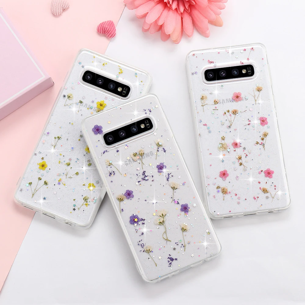 Мягкий силиконовый чехол с настоящими высушенными цветами для Samsung S20 Ultra S10 S8 S9 Plus