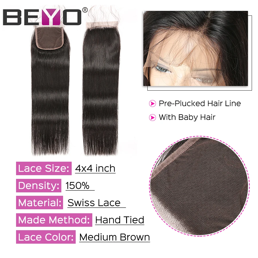 Beyo индийские прямые волосы пучки с закрытием 3 пучка не Реми человеческие