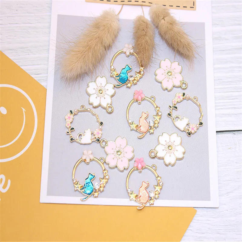 

New DIY 10PCS/pack Cute Cat Colorful Enamel Flower Charms Pendant For Women Girls Necklace Earrings Jewelry Accessories