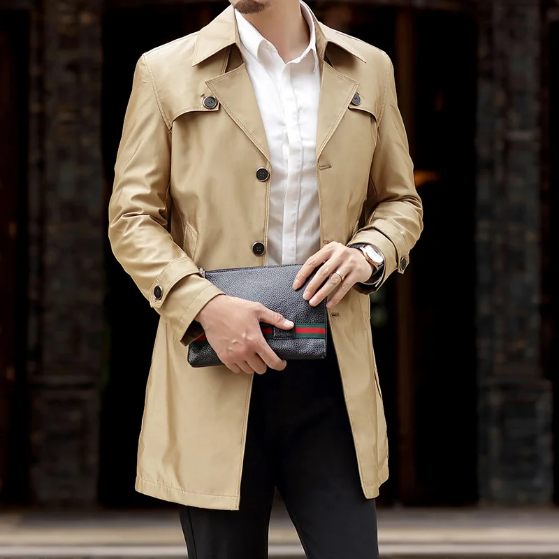 Мужской длинный тренчкот на пуговицах Thoshine темно-синий Повседневный верхняя