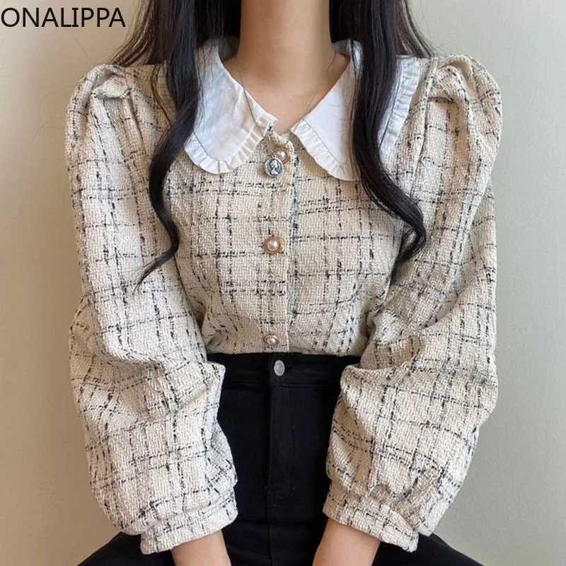 

Женская рубашка в клетку Onalippa, весенне-осенний однобортный свободный Универсальный женский топ с пышными рукавами и жемчужным воротником