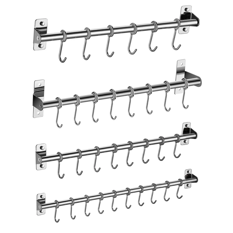 Wall Mounted Utensil Rack Stainless Steel Hanging Kitchen Rail with 6/8/10 Hooks