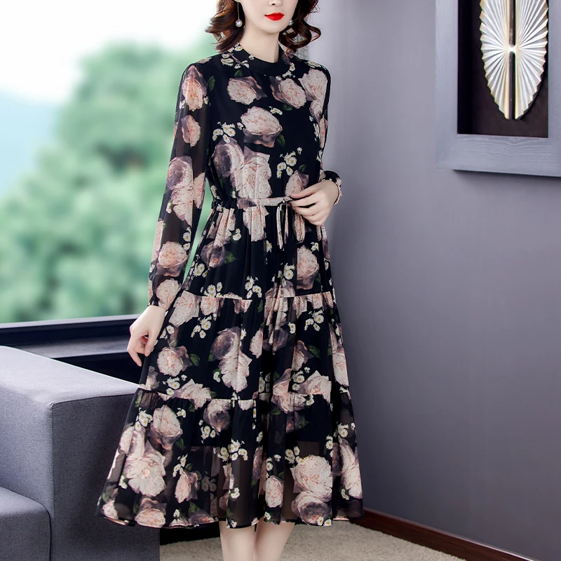 

COIGARSAM женское платье осень 2021 новые офисные женские шифоновые платья с длинным рукавом и круглым вырезом с высокой талией Traf Robe