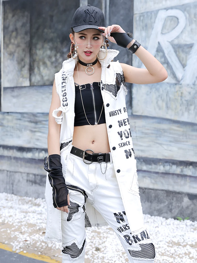 Женский джинсовый жилет без рукавов Белый свободный длинный тонкий в Корейском