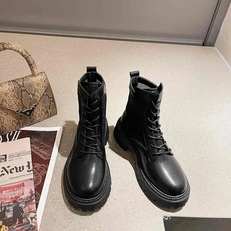 New autumn boots, women's shoes, women's fashion round head leather ankle boots, winter stretch black comfortable short boots