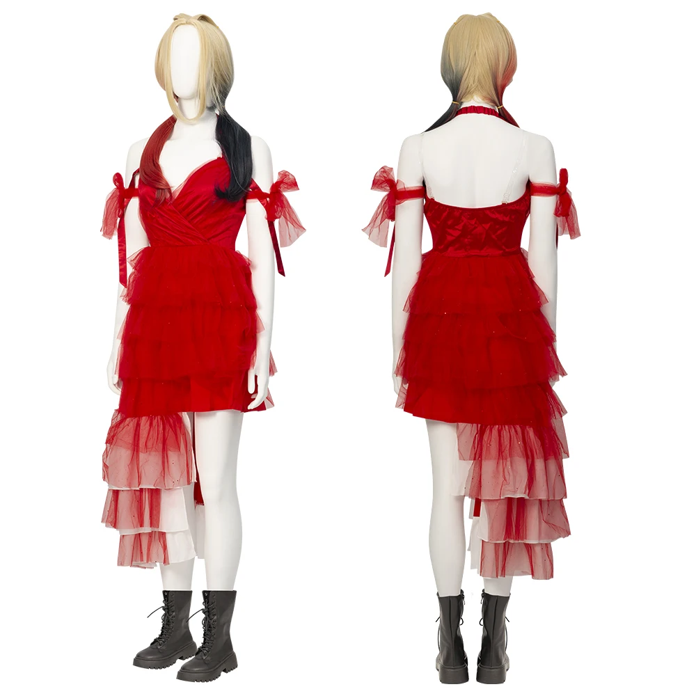 

Joker Girl Quinzel Fashion Red Party Dress Movie Suicide 2 Cosplay Costume Halloween Christmas Clothing With Wig Tattoo Stickers
