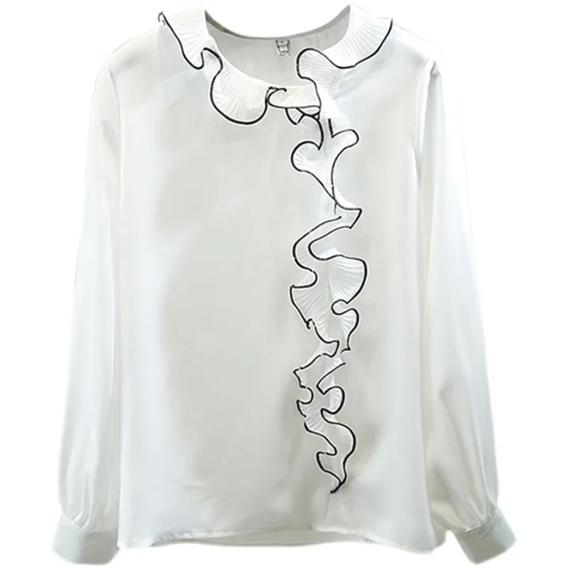 

Pleated Three-Dimensional Ruffles Blouse Women Zipper Pullover Chiffon Shirt Office Lady Top 2021 Spring White Black