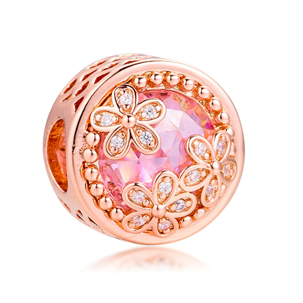 

QANDOCCI New 925 Sterling Silver Spring Sparkling Pink Daisy Flower Charm Beads Fits Pandora Bracelets Women Jewelry DIY Making