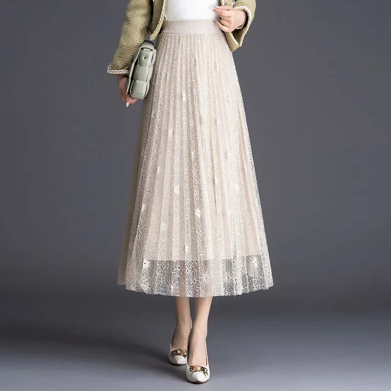 

Женская длинная Плиссированная юбка, Повседневная Свободная трикотажная юбка с высокой талией и кружевом, модель A60 в Корейском стиле на ос...
