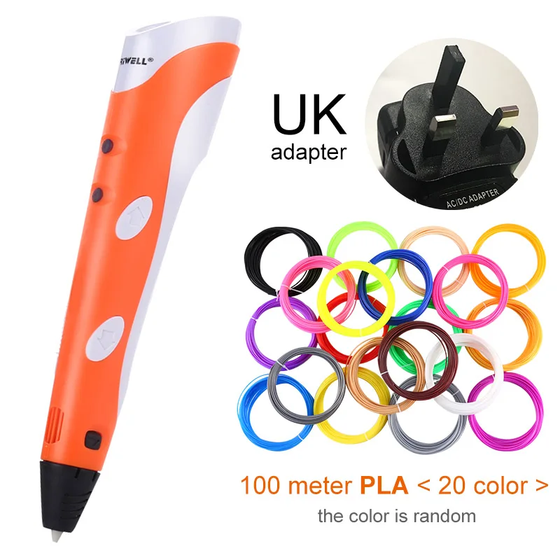 Myriwell, 3D Ручка,, сделай сам, 3D печать, ручка с 100 м ABS/PLA нитью, креативная игрушка, подарок для детей, дизайнерский рисунок - Цвет: Orange UK-100m PLA