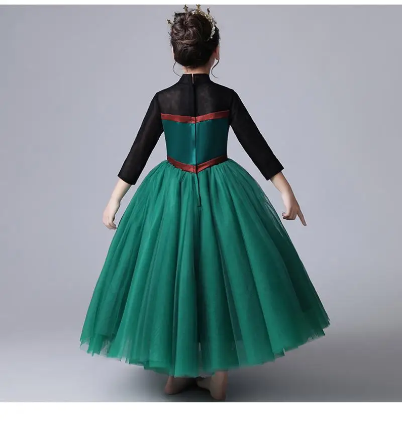 Платье принцессы Анны зеленое с цветочной вышивкой для маленьких девочек платья