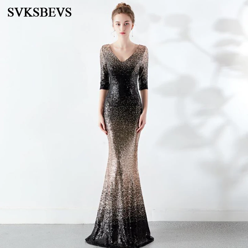 

Женское платье с блестками SVKSBEVS, длинное вечернее платье с глубоким V-образным вырезом и открытой спиной, с юбкой годе и градиентными цветам...