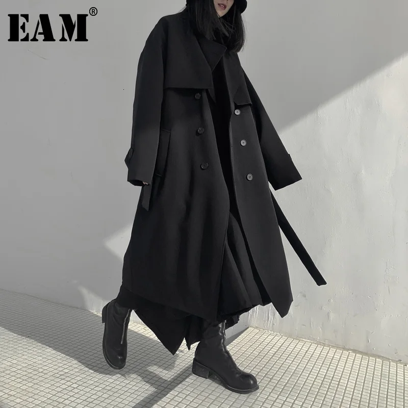 Женский Длинный Тренч EAM длинная свободная ветровка с хлопковыми вставками