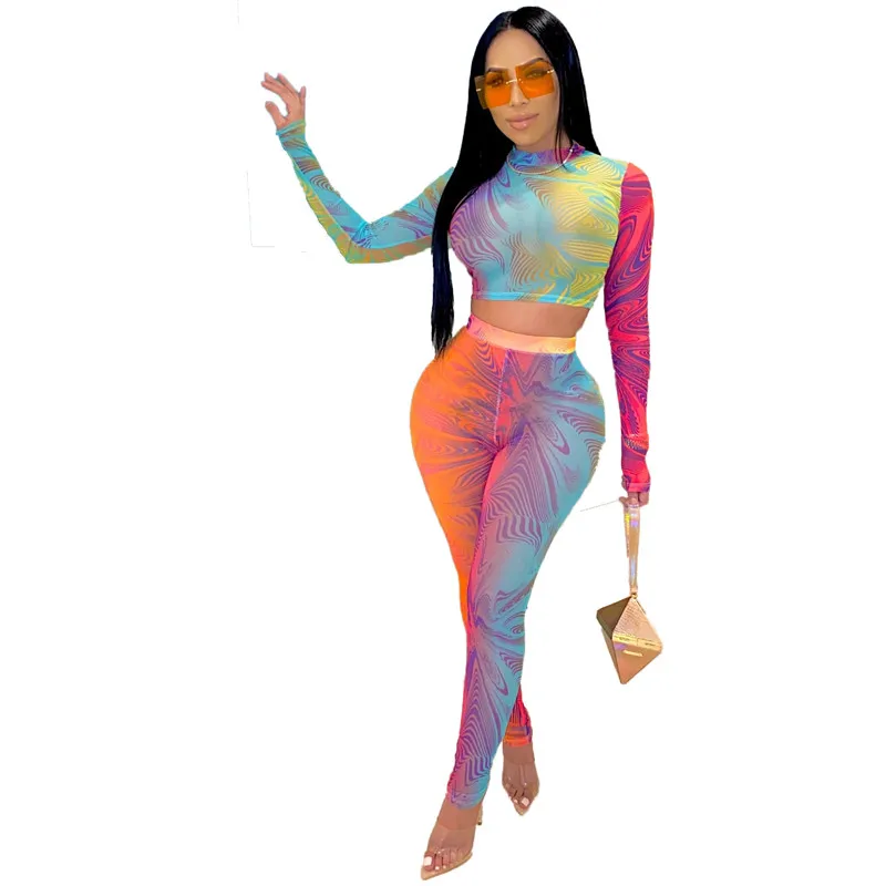 

Tie Dye 2 Pieces Set Women Outfits Tracksuit Streetwear Bodycon Long Sleeve Crop Top Female Pants Women Matching Sets