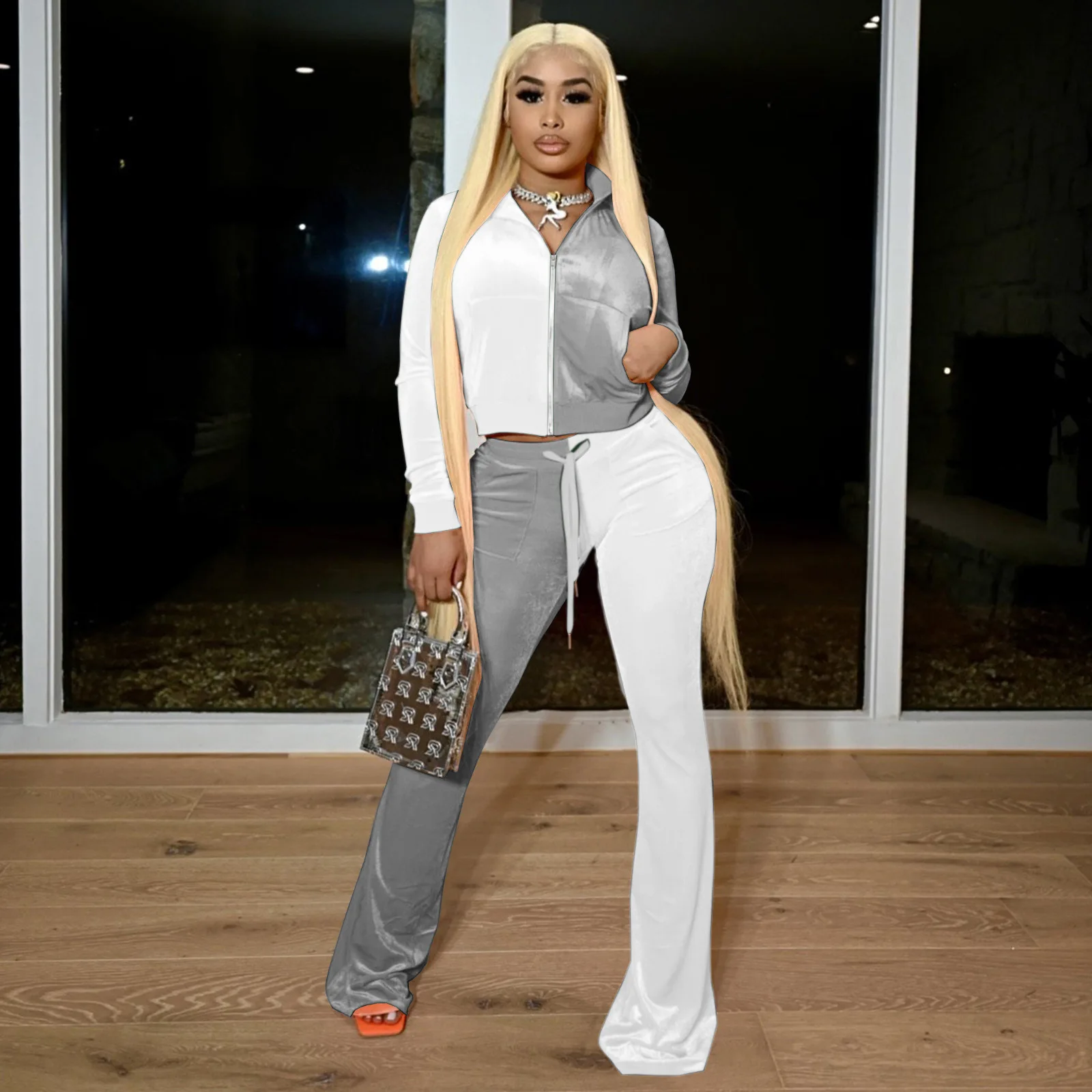 Winter Velvet Two Piece Set Women Purple Gold Tracksuit Zip Jacket Crop Top+Wide Leg Pants Sweatpants Matching Sets Casual Suits |