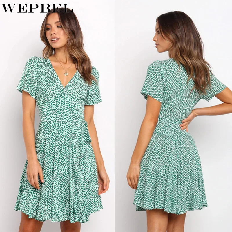 

WEPBEL Summer Sexy Floral Print Slim Dress Women's Casual V-neck Pleated Short Sleeve High Waist Dress