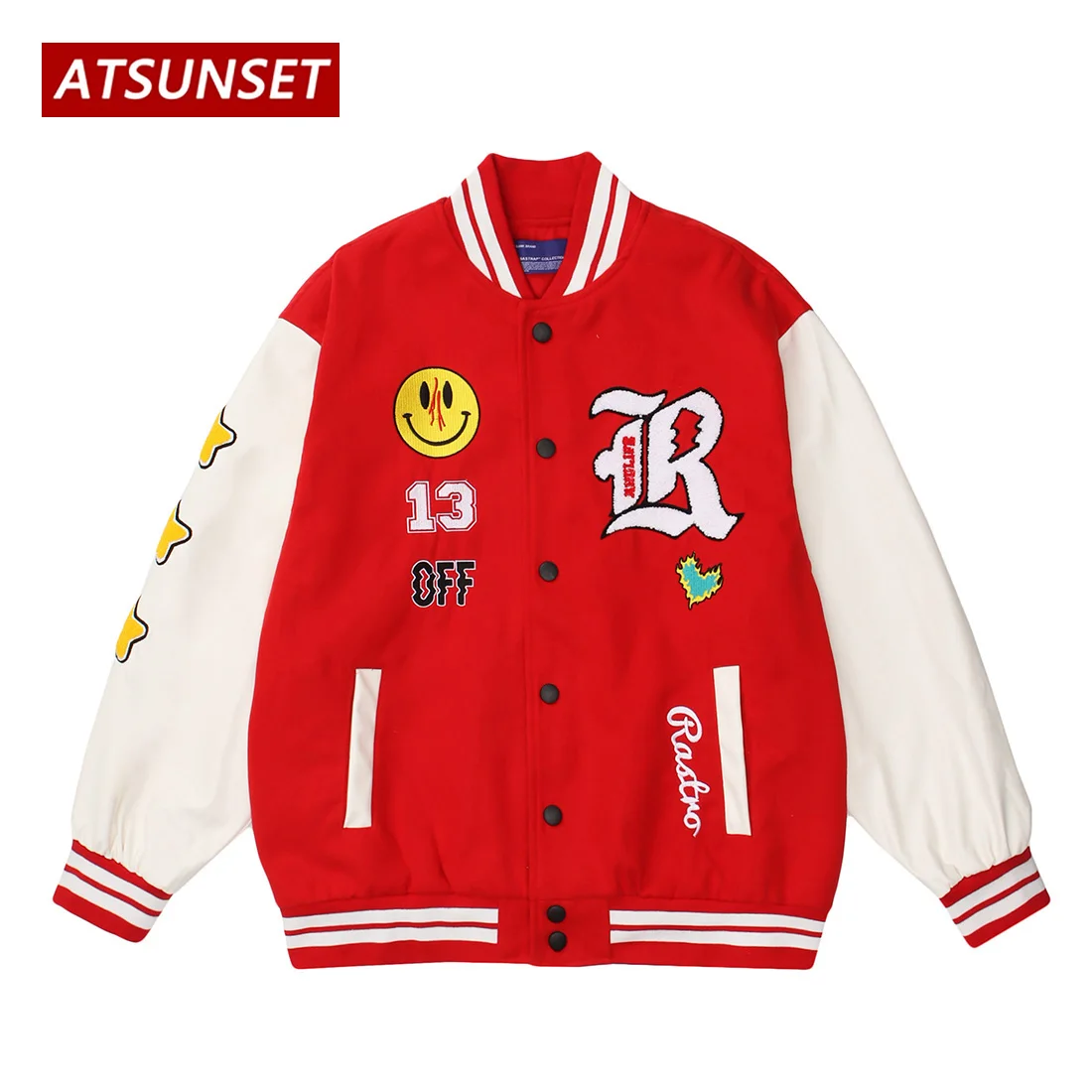 ATSUNSET College Style Hip Hop Baseball Jacket Harajuku Retro Varsity Jacket Streetwear Fashion Cotton Jacket Coat Tops