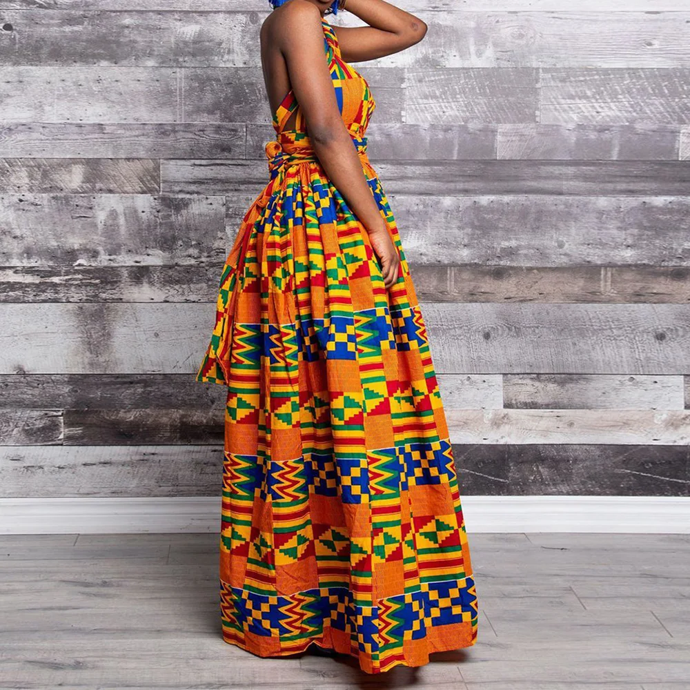 Длинное летнее женское платье с лямкой на шее в африканском стиле высокой талией