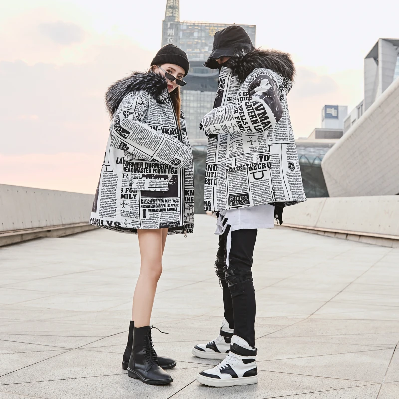 Парка мужская с принтом газет в стиле хип-хоп зимняя пуховая куртка мехом теплая