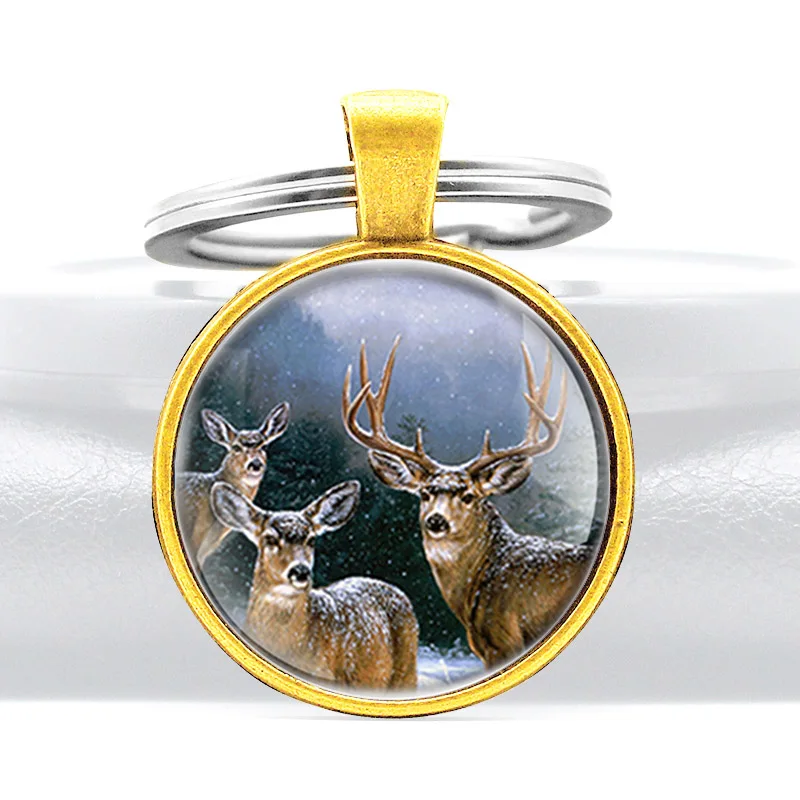 

Classic Elk Design Glass Cabochon Metal Pendant Key Chain Fashion Men Women Key Ring Accessories Keychains Gifts