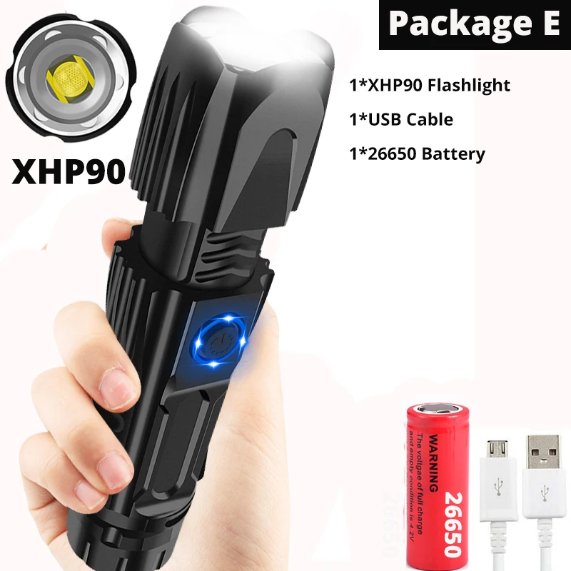 Яркий xhp70.2 высокомощный перезаряжаемый светодиодный светильник-вспышка XHP90 lanterna тактический светильник 18650 или 26650 лампа для кемпинга и охоты - Испускаемый цвет: Package B-XHP90