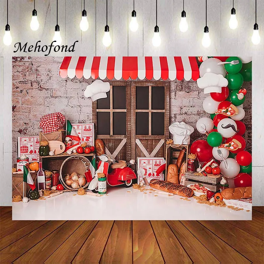 

Фон для фотосъемки Mehofond с изображением вкусной пиццы, повара, воздушных шаров, кирпичной стены, детской, семейной вечеринки, фотостудии