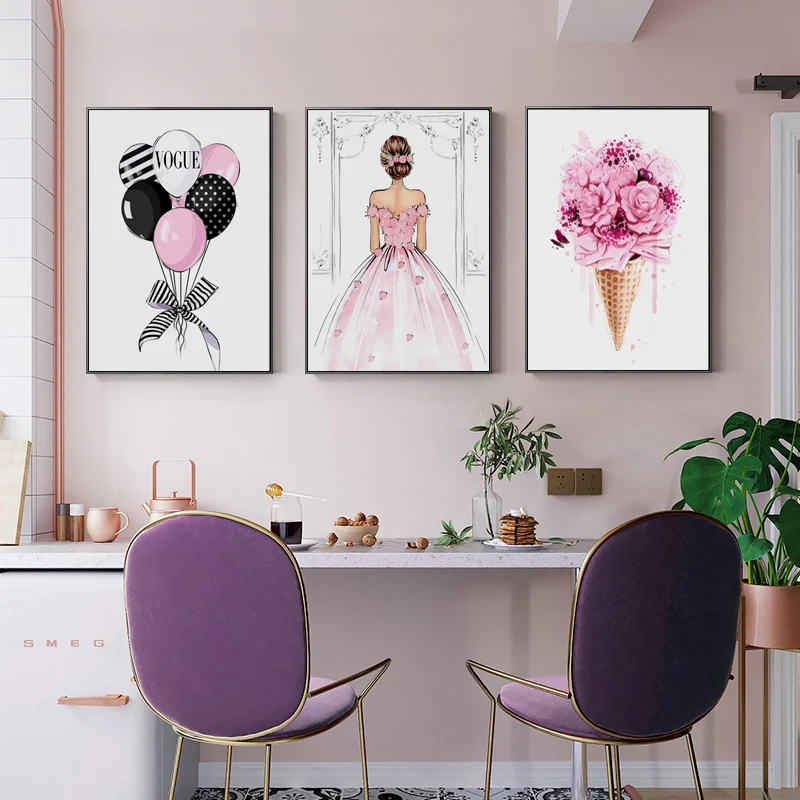 

Fashion Wedding Girl Canvas Print Painting Wall Art Bridal Bouquet Balloons Modern Pictures for Vogue Girl Room Bedroom Decor